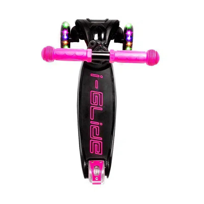 Top angle view of Black & Pink Kids 3 Wheel Scooter with LED Light up wheels