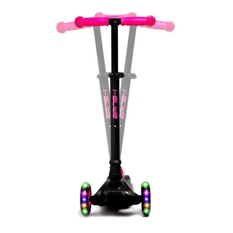 Front View of Black & Pink Kids 3 wheel scooter with LED Light up wheels