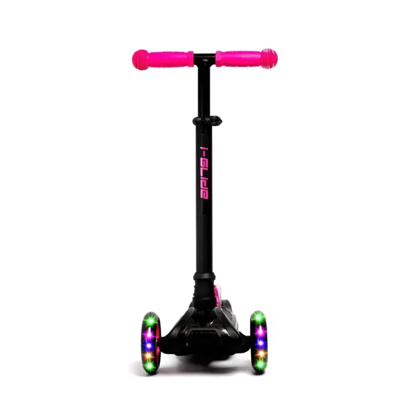 Front mid bar height view of Black & Pink kids 3 wheel scooter