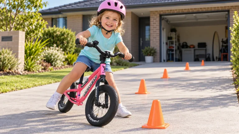 Three-year-old girl learning to steer a pink Kidvelo Rookie 12 balance bike around cones on her home driveway.