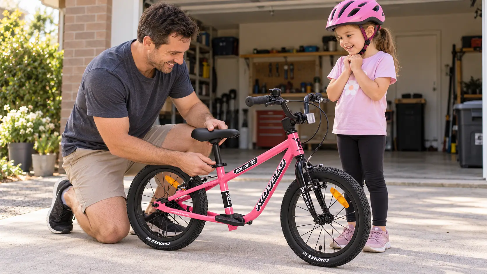 Father adjusting the saddle height of a pink Kidvelo Rookie 18 balance bike while his helmeted daughter watches in their driveway.