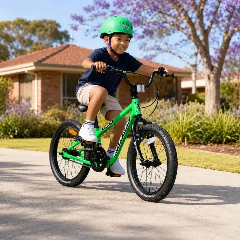 Six-year-old boy of Tongan heritage wearing a green helmet and riding a green Kidvelo Rookie 18 pedal bike in an Australian neighbourhood for Xchange Sports Australia.