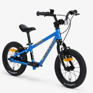 Blue Kidvelo Rookie 14 convertible balance bike in balance-bike mode, shown from the front three-quarter view for Xchange Sports Australia.