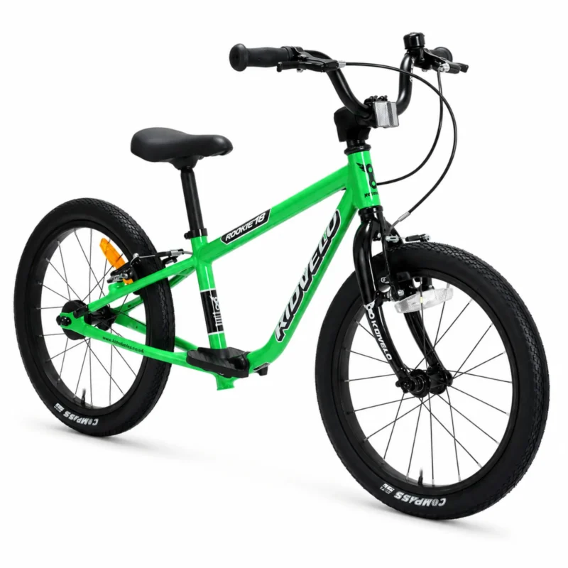 kidvelo-rookie-18-convertible-balance-bike-green-balance-mode-right-facing-front-three-quarter-view-xchange-sports-australia
