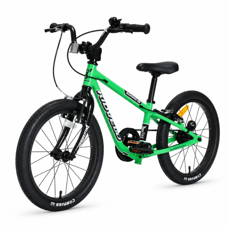 kidvelo-rookie-18-convertible-balance-bike-green-pedal-mode-left-facing-front-three-quarter-view-xchange-sports-australia