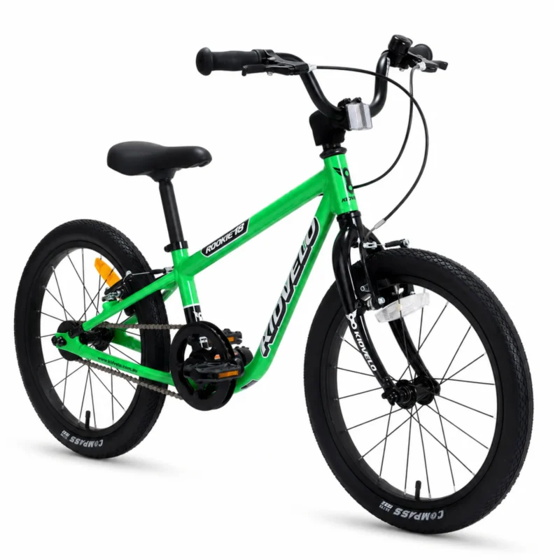 kidvelo-rookie-18-convertible-balance-bike-green-pedal-mode-right-facing-front-three-quarter-view-xchange-sports-australia