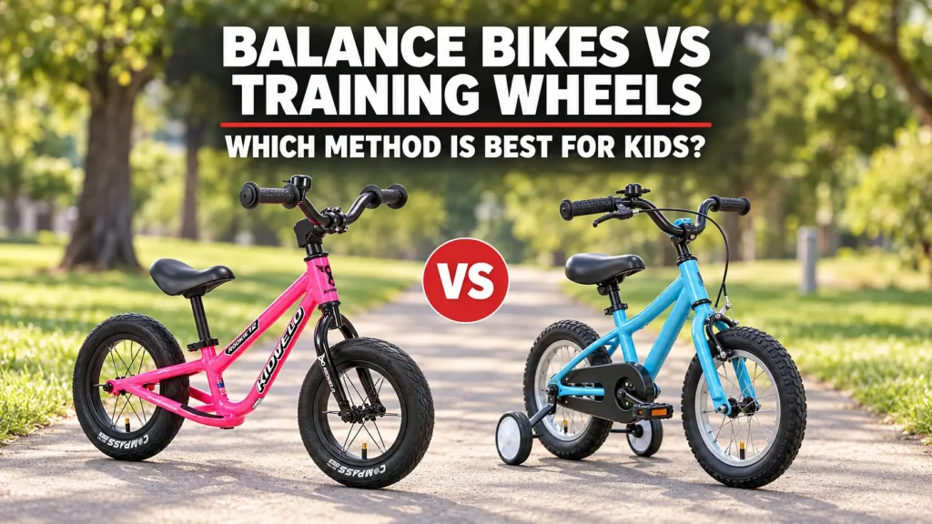 Pink Kidvelo Rookie 12 balance bike compared with a 12-inch kids pedal bike with training wheels.