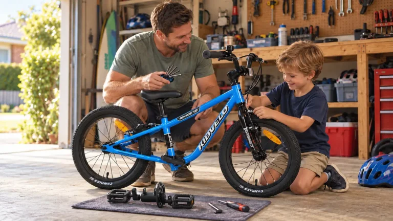 Father and six-year-old son maintaining a blue Kidvelo Rookie 18 balance bike with its Easy-Ride Pedal Kit in an Australian garage.