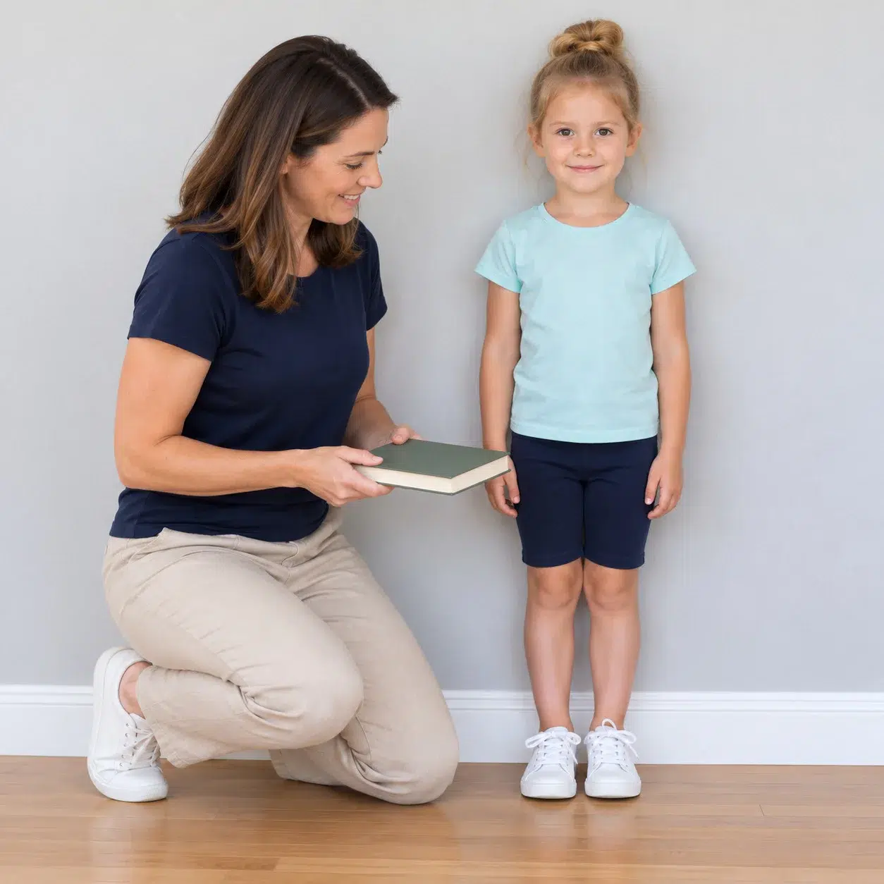Child standing upright in riding shoes beside a parent