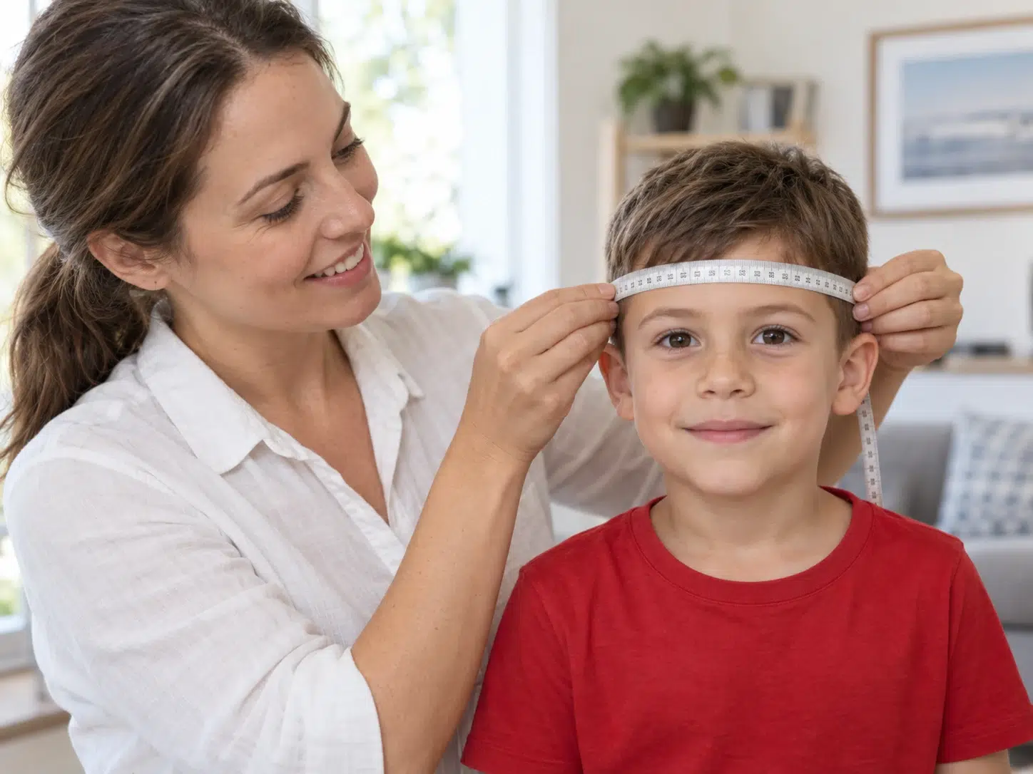 Mum positioning a measuring tape above her child’s eyebrows for helmet sizing
