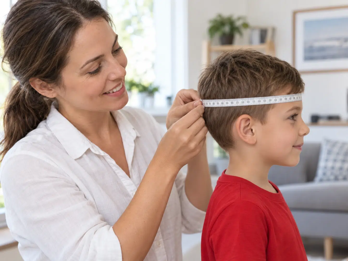 Side view of tape around the widest part of a child’s head