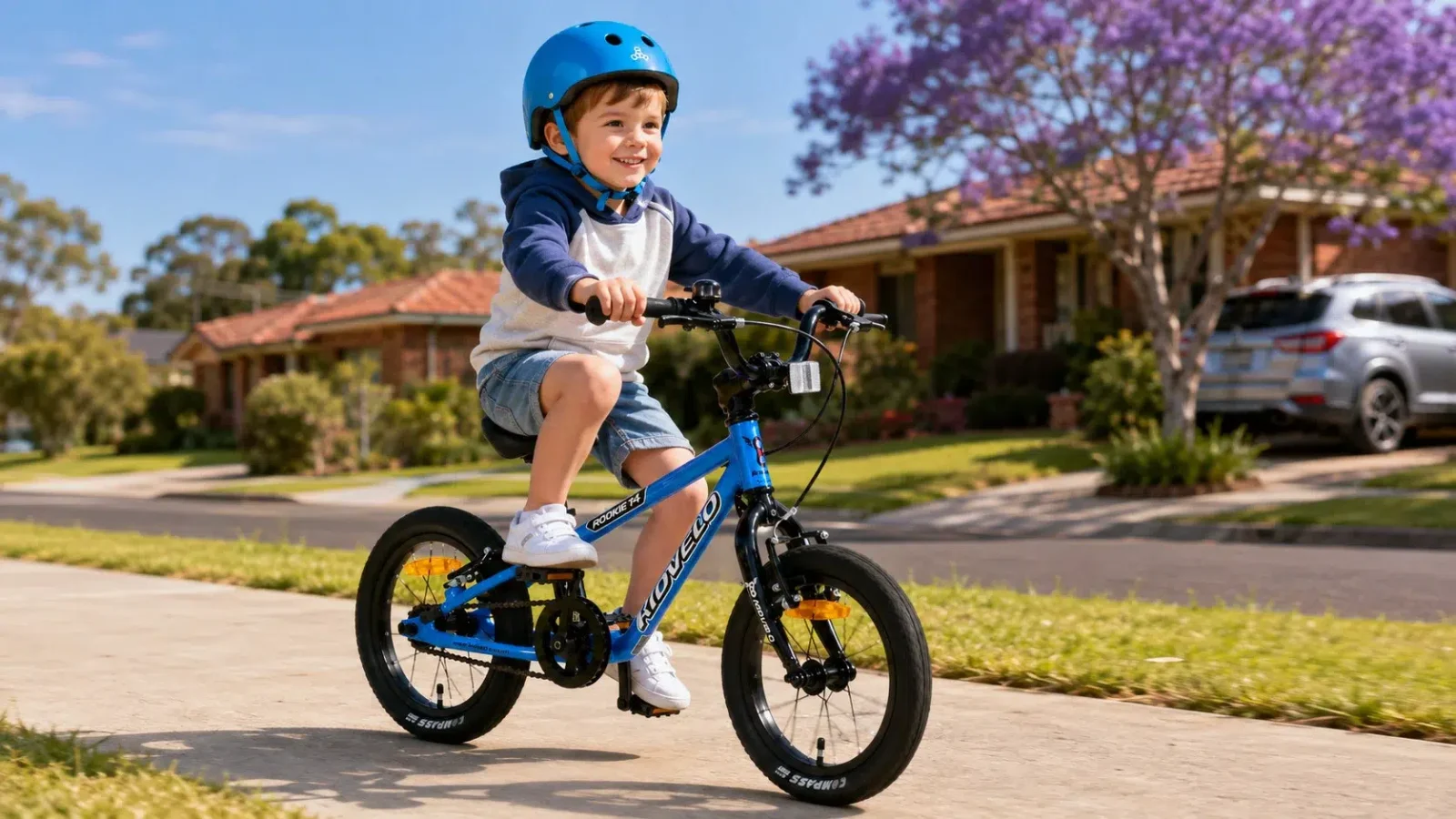 Four-year-old boy riding a blue Kidvelo Rookie 14 pedal bike on a leafy street path – Xchange Sports Australia.