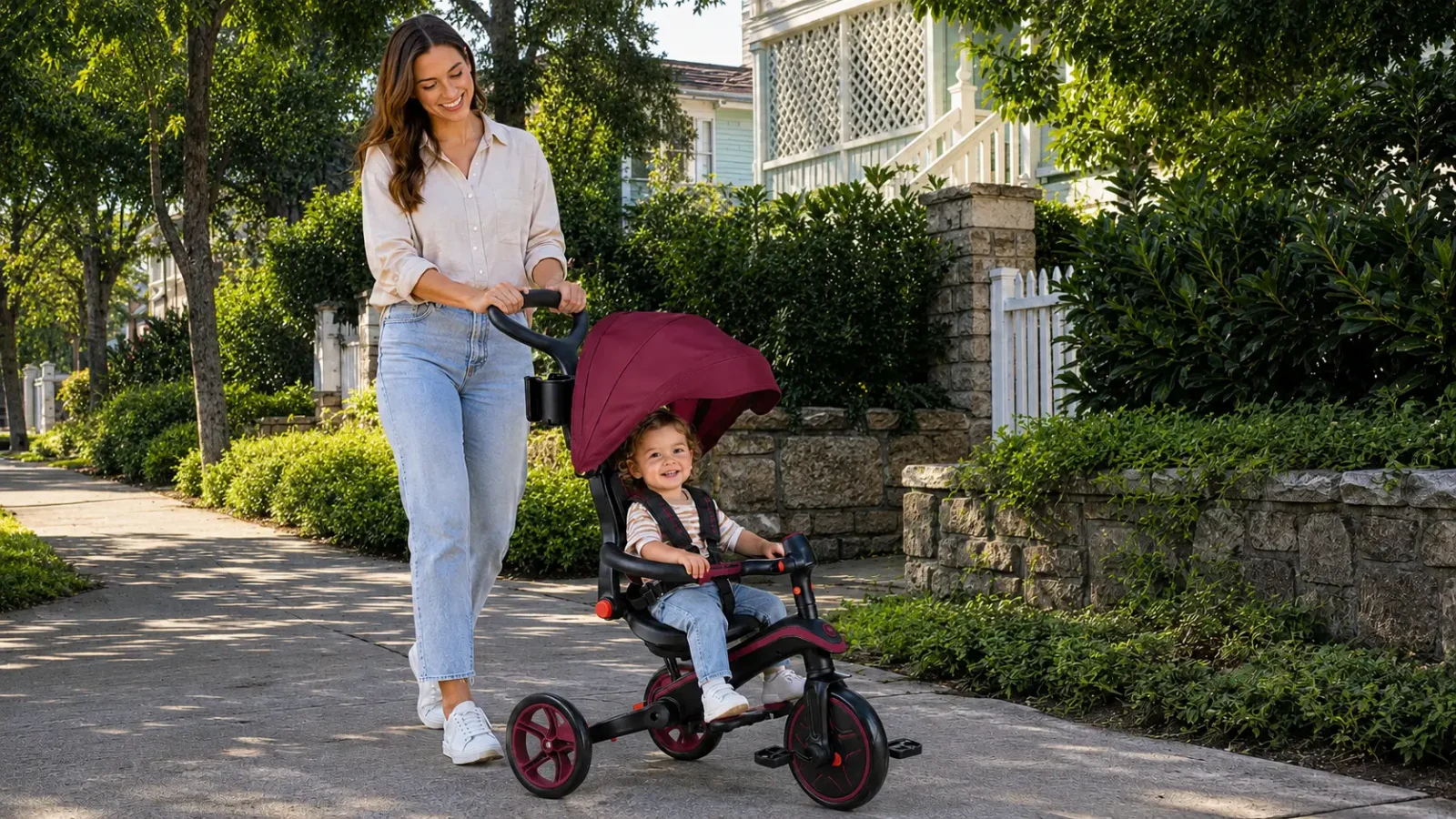 Mother pushing her 18-month-old child in a Globber Explorer Trike 4-in-1 Foldable Kids Tricycle on a sunny neighbourhood path – Xchange Sports Australia.