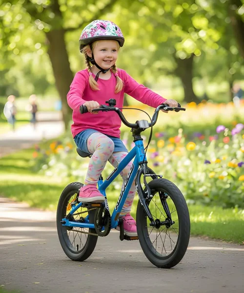 girl riding the bike and wearing the kids helmet