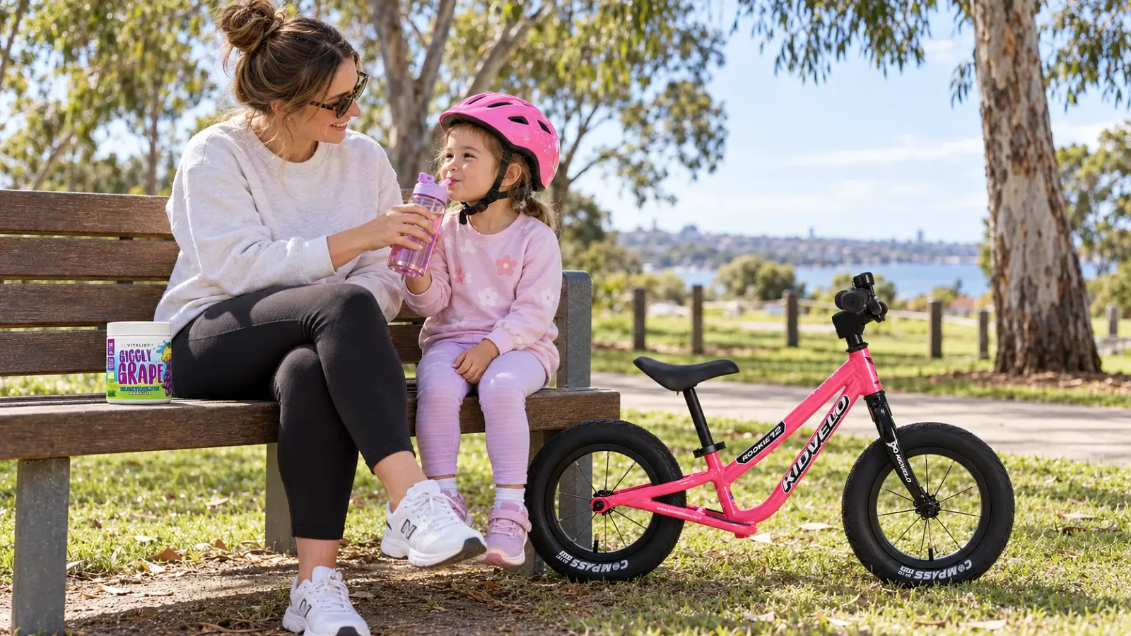 Mother giving her helmeted daughter a straw water bottle beside a pink Kidvelo Rookie 12 balance bike, with ReVitalise electrolytes on a park bench.